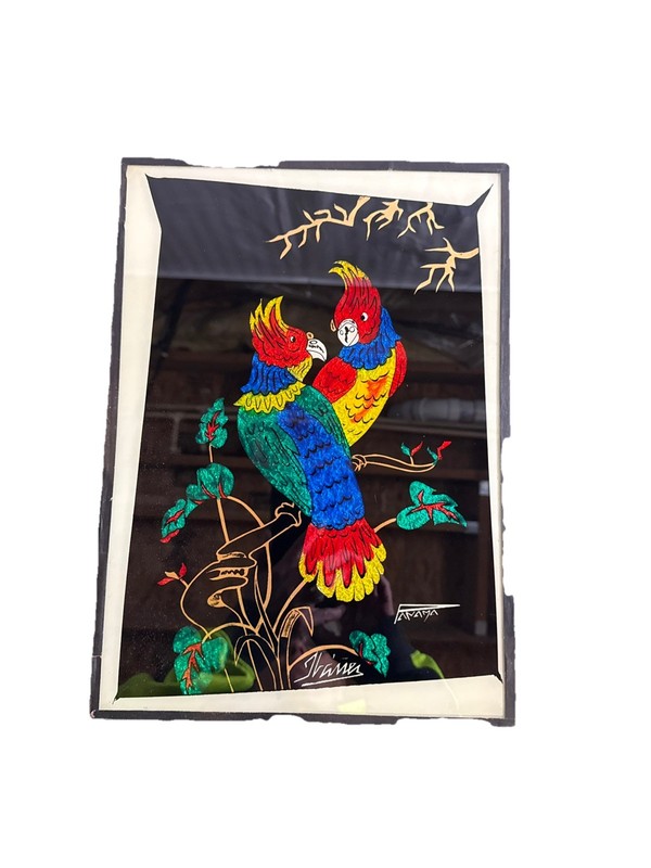 Parrots Reverse Glass Tinsel Painting Folk Art Vintage year unknown SIGNED!