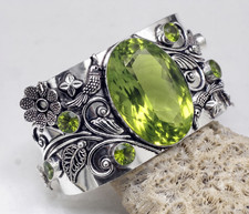 Green Peridot Cuff Bracelet 925 Sterling Silver Handmade Gemstone Jewelry ADJ"
