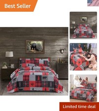 Queen Size Rustic Quilt Set - Reversible Plaid with 2 Pillow Shams, Cozy Style