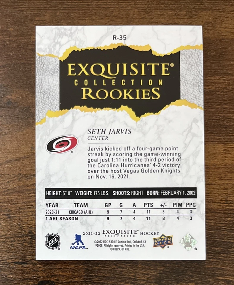 2021 UD Ice Exquisite Collection Blue /99 Spectrum Seth Jarvis Rookie RC #R-35 - Image 2 of 2