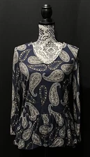 LOFT Outlet - Blue Paisley Long Sleeve V-neck Peplum Blouse - Size Small