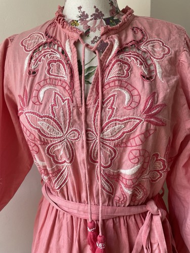 River Island Cotton Bouje Boho Peach Pink Floral Embroidered Belt dress 12 £55 - Picture 2 of 10