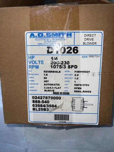 AO SMITH D1026 1/4 HP BLOWER MOTOR 1075 RPM 3 SPD F48H15A01 02427879000 YORK