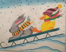 Sleding Duck  Bear Hand Painted Needlepoint Canvas Rosalie Peters B9