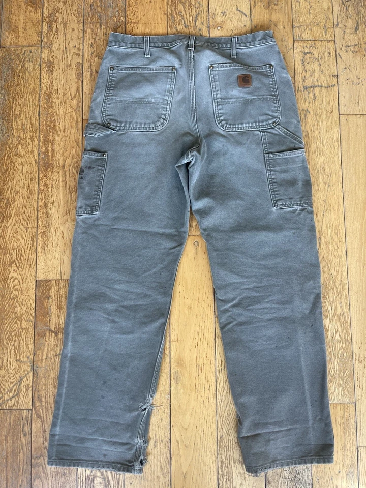 Б/у Carhartt мужчин холст двойной колена широкие брюки выцветший зеленый 30 x 32 - Изображение 2 из 3