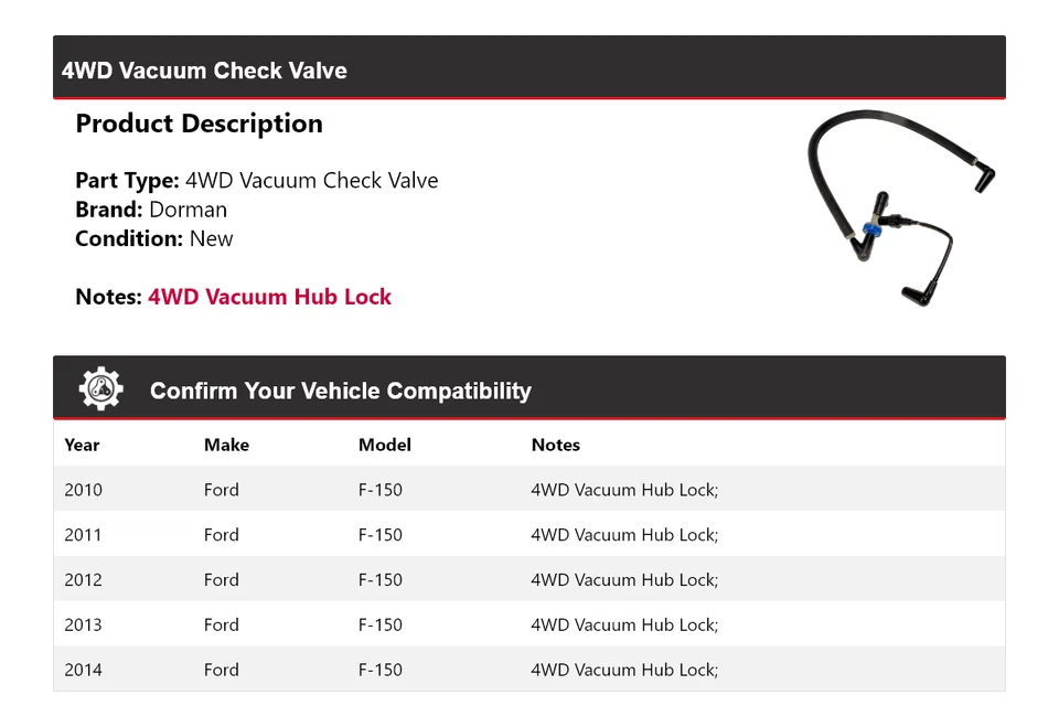 Válvula de retención de vacío 4x4 para Ford F-150 Dorman 2010-2014 2011 2012 2013 Foto 2 de 4