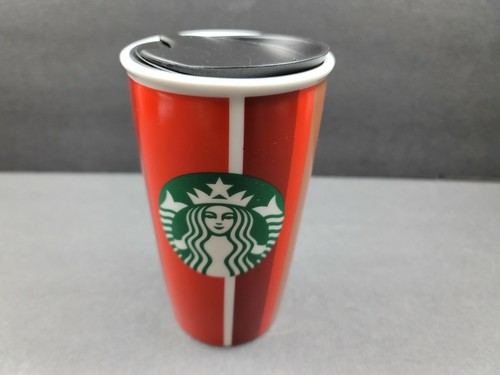 Taza de viaje Starbucks 2018 a rayas rojas/blancas/doradas doble cerámica aislada - NUEVA - Imagen 2 de 6