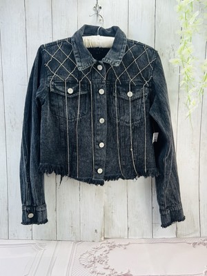 Thrill Jeans Y2K Women's Dark Gray Rhinestone Tassels Cropped Denim Jacket Large