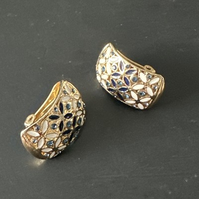Paire De Boucles D'oreilles Créoles Vintage - Plaqué Or - Émaux - Fermoir Clip