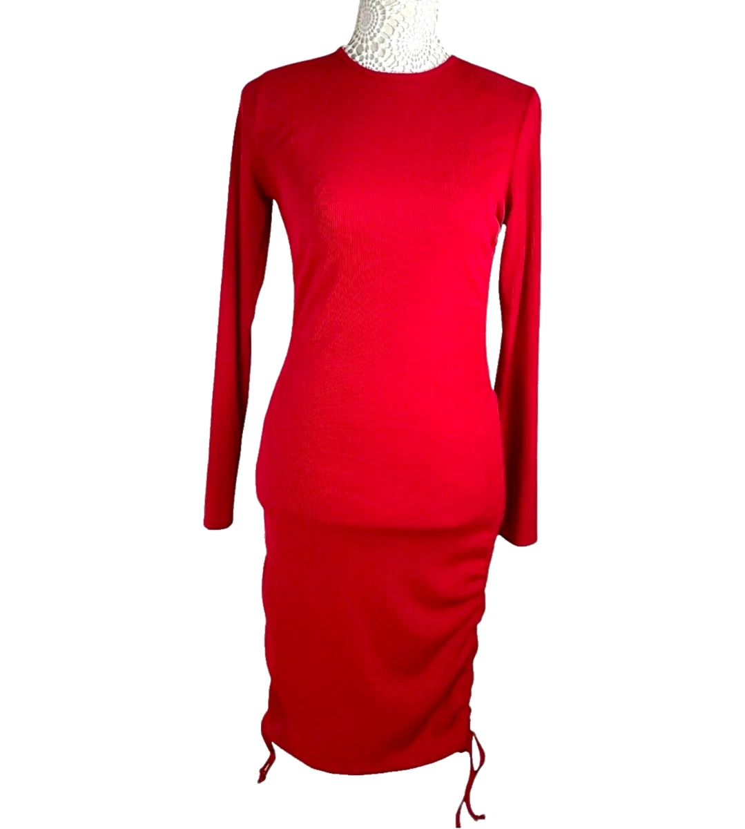 open lace back dress Paulette Bright Red Ruched Bodycon Mini Dress, M / Red main image 1
