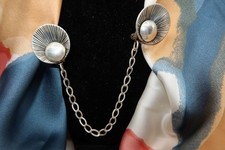 VTG CARLOS DIAS Sterling Silver 15g Sweater Clips, Pearl & Shell Design, 6 1/2"
