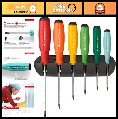 6-Piece Swiss Made Torx Screwdriver Set T8-T25 | Colorful Hand Tools + Wall Brac