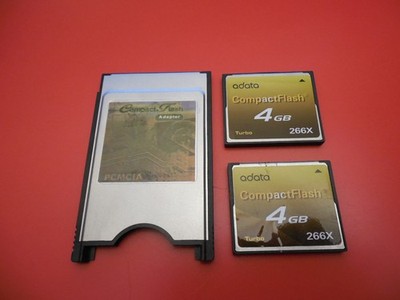 PCMCIA to CompactFlash CF Adapter + 2 x 4GB Compact Flash Cards fully working