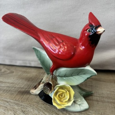 Vintage Lefton Red Cardinal Bird Rose Japan Hand Painted Farmhouse Cottagecore