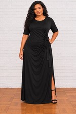 $28 PRIMARK EDIT BLACK RICHED SIDE TIE POLYESTER STRETCH MAXI SEMI FORMAL DRESS