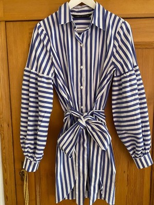 lange Hemdbluse Zara weiß/blau gestreift mit Puffärmeln, Größe M