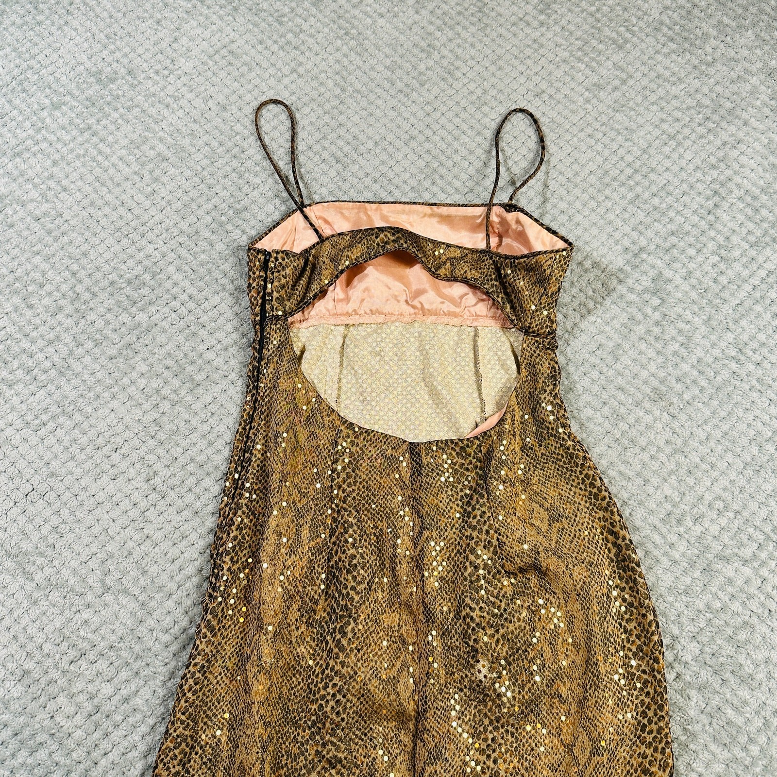 Vintage Y2K Gold snakeskin print square neck maxi formal dress sparkly glittery