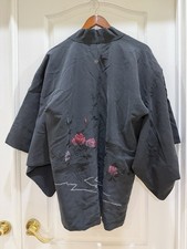 Vintage Kimono Floral Black Dark Short Women