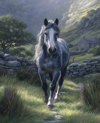 Blue Roan Horse Walking Highland Trail Print - 878731730