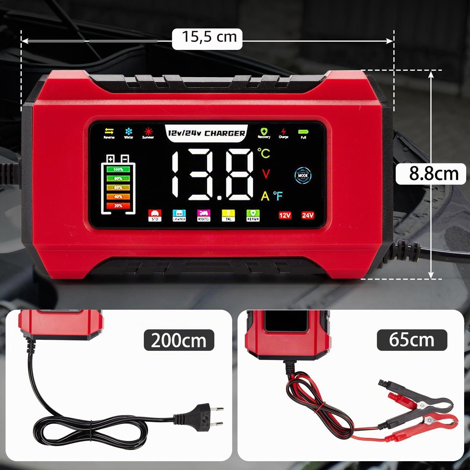 Hausprofi Caricabatterie Auto e Moto 15a/8a 12v/24v Mantenitore di Carica - Miniatura 24
