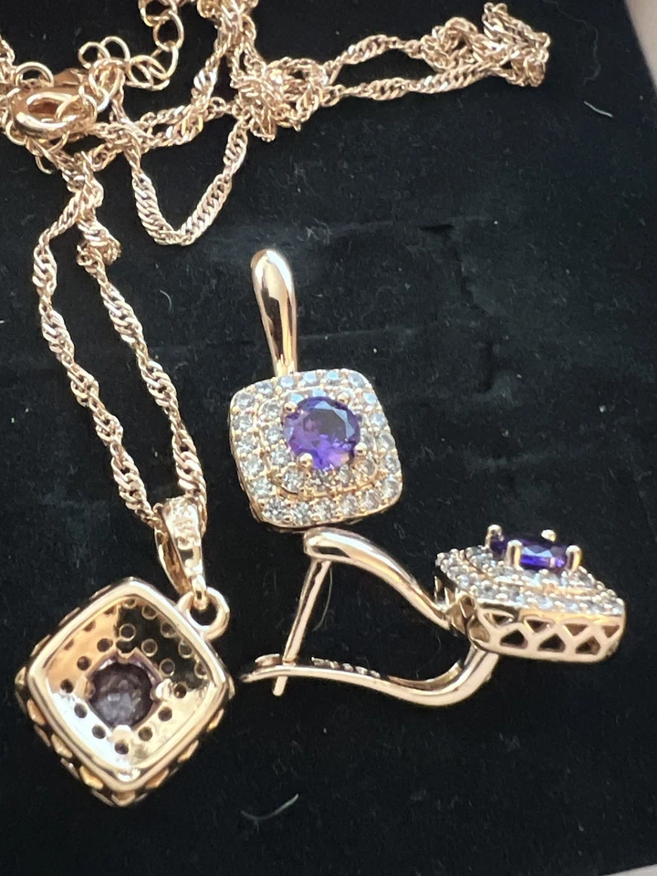 "Collar cuadrado de amatista de circón natural enchapado en oro rosa laminado de 14 k de 24""" Foto 3 de 3