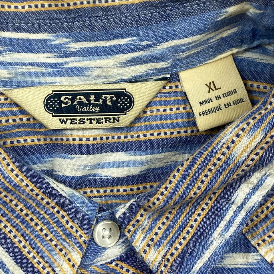 盐谷西部阿兹特克纽扣衬衫 XL 蓝色白色牛仔珍珠扣全印花 — 第 4/4 张图片