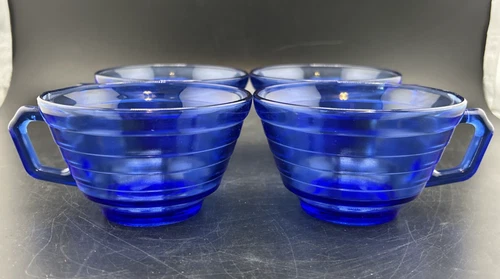 VTG Set 4 Hazel Atlas Moderntone Cobalt Blue Depression Glass Tea Coffee Cups