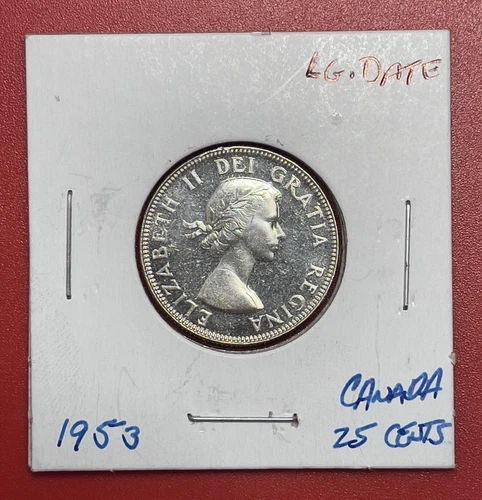 1953 Canada Silver 25c, Uncirculated, No Shoulder Fold, Large Date.