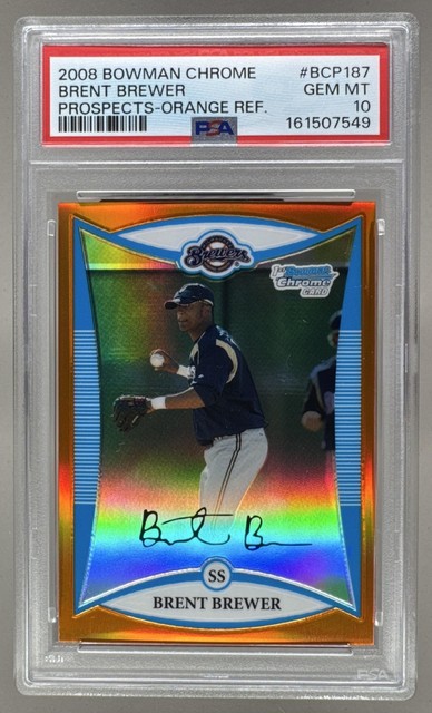 7549 Brent Brewer 2008 Bowman Chrome #BCP187 Orange Refractor 1st RC /25 PSA 10
