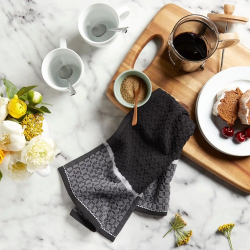 Siena Black Gray Kitchen Towels Absorbent Cotton Contrasting Color Border 2-Pc - Picture 4 of 4