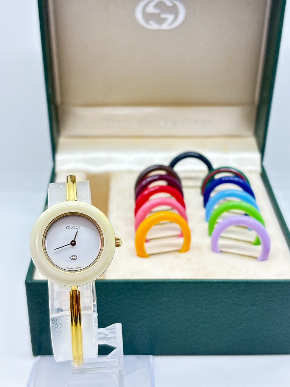[Exc+5 w/Box] Gucci Change Bezel 12 Colors White/Gold Women’s Watch Used Working