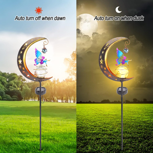 Solar Fairy Garden Light Decor Moon Fairy Stake Lights Crackle Glass Globe with - Picture 3 of 12