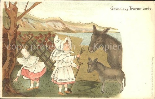 42158580 Travemuende Baltic Sea resort children playing with donkeys illustration Travemuen