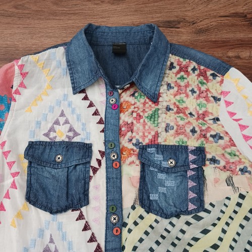 Desigual Patchwork Shirt M Button Down Mixed Fabric Rolled Sleeve Top Women’s - 第 2/6 張圖片