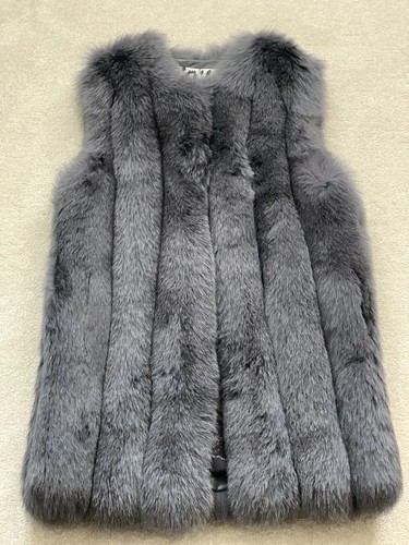 Neu ohne Etikett echte Fuchspelzweste Weste vertikal Fell gefüttert auf Schaffell Größe 8 grau - Bild 2 von 8
