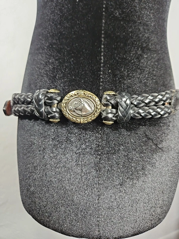 Cinturón Justin Cuero Negro Talla L Trenzado Plata 1996 Medallones 33"- 37" Western Foto 4 de 4