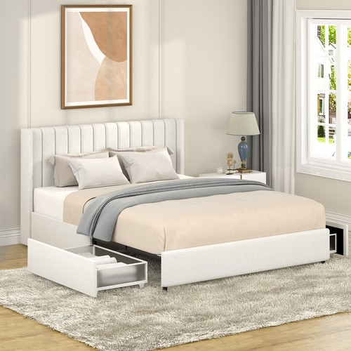 Same as B083P156197 Anda Patented 2-Drawers Storage Bed Queen Size Ivory Boucle
