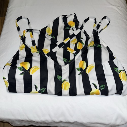 No Boundaries One Piece Swimsuit Size 1X (17) Junior’s Black White Stripe Lemons - Picture 2 of 8