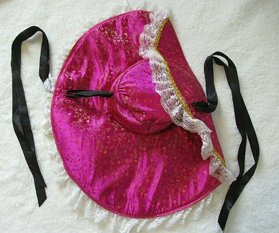 DISFRAZ HALLOWEEN SOMBRERO GORRO Grande 25" Tela Rosa Encaje Trenza y Cintas Usado en Excelente Condición Foto 3 de 4