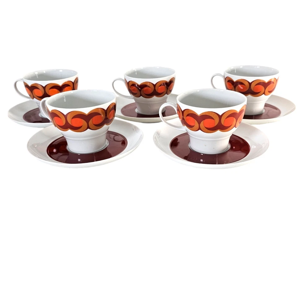 Juego de (5) tazas y platillos de té Thomas Rosenthal modernos años 70 porcelana naranja Foto 2 de 4