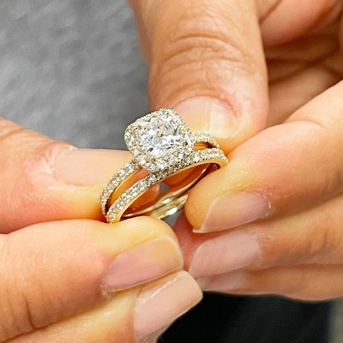 Cushion And Round Cut Moissanite Engagement and Band 14k Cut Yellow Gold 2.00ctw - Picture 12 of 12