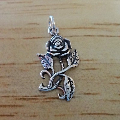 Sterling Silber 23x13mm Rose auf einem Stiel mit Blättern Blume Charm