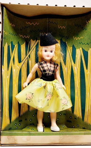 1950”s Vintage 8” Dolly Walker Doll New In Box! 6 Motions Yellow Dress Black Hat - Picture 5 of 5