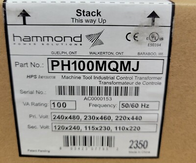 HAMMOND HPS PH100MQMJ CONTROL TRANSFORMER 100VA 1PH 240/480 BRAND NEW