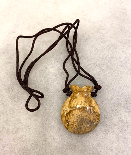 Sajen Carved Picture Jasper Pouch Pendant on Adjustable 32-Inch Woven Cord - Picture 2 of 7