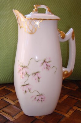 ANTIQUE HAND PAINTED LIMOGES T&V CHOCOLATE COFFEE TEA POT, FLOWERS & GOLD 9''