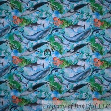 BonEful Fabric FQ Cotton Quilt Blue Water Shark Dolphin Whale Sea Turtle Octopus