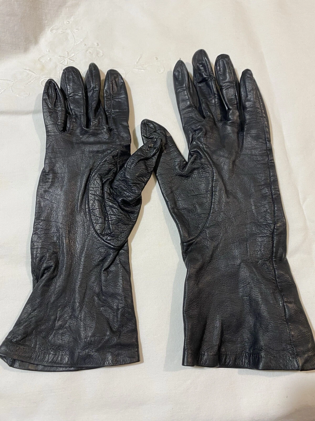 Rare Gants Vintage Christian Dior en Cuir de veau Noir, Femme Taille 6 1/4, 10”