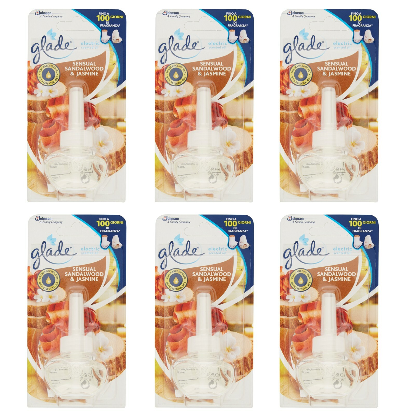 6 pezzi Ricariche Glade Electric Scented Oil SENSUAL SANDALWOOD JASMINE ricarica