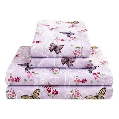 Paisley Floral Bed Sheets Set, Purple Flower Queen Purple Paisley & Butterfly